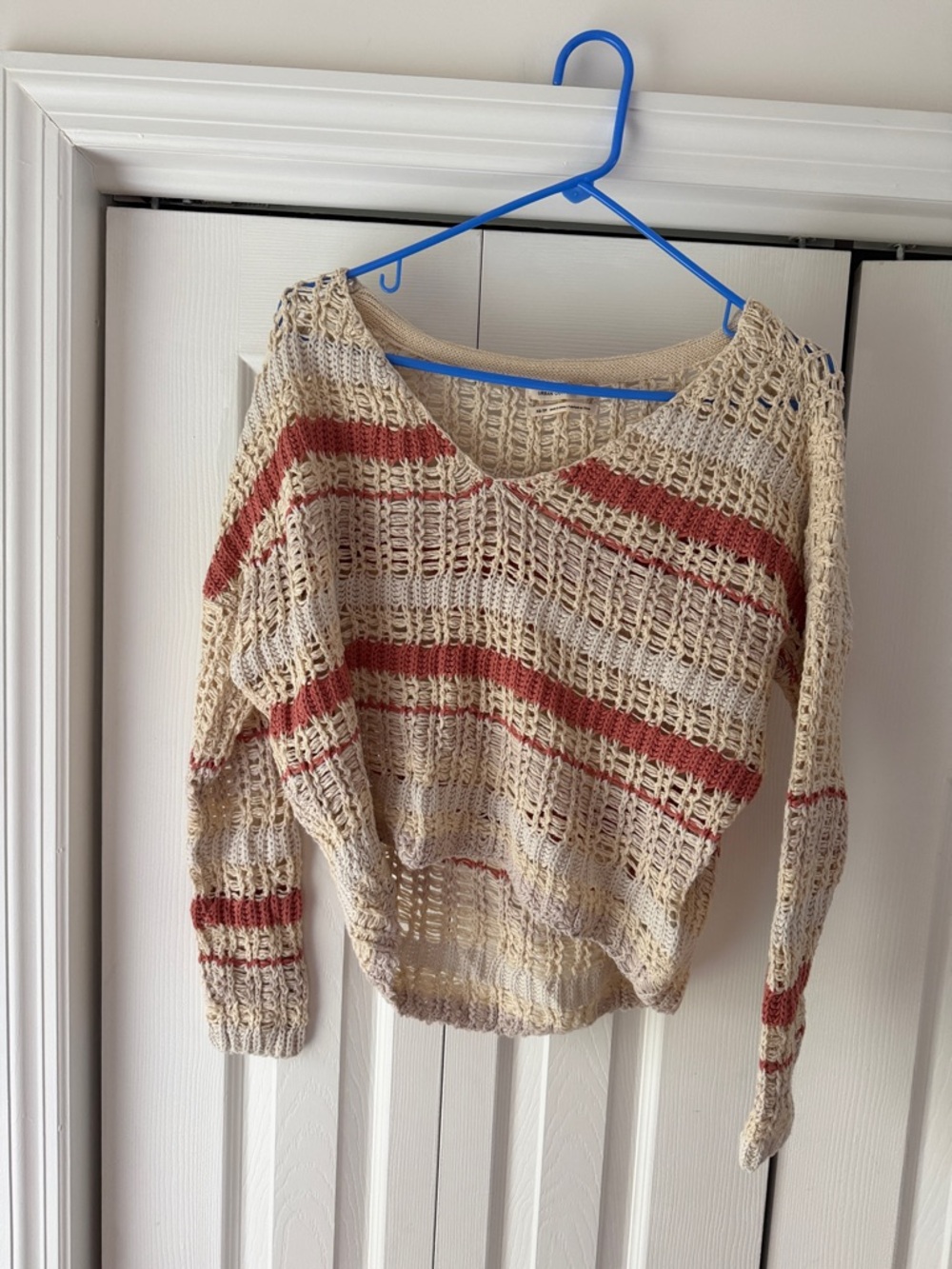 Urban Outfitters Cream Open-Knit V-Neck Sweater with Rust Stripes